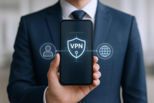 Mobile VPN Technology Man Holds Smartphone Displaying Security Shield for Data Protection and Online Privacy photo