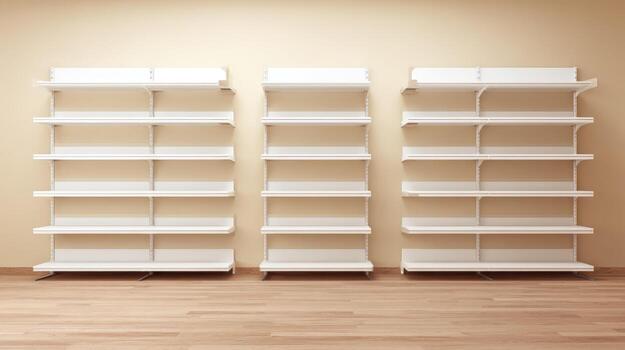 Three Empty White Retail Shelves on a Wood Floor in a Store Setting for Product Placement photo