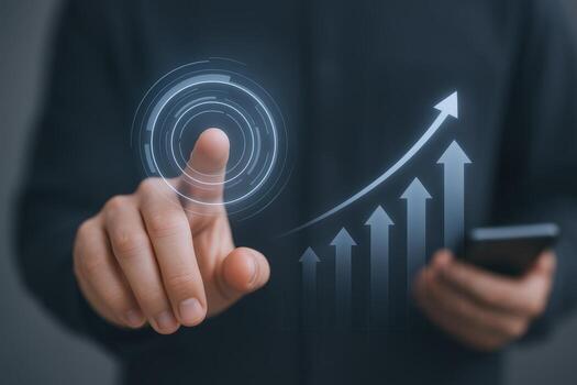 Man Interacting with Digital Growth Chart Interface, Holding Smartphone, Representing Business Success and Technology photo