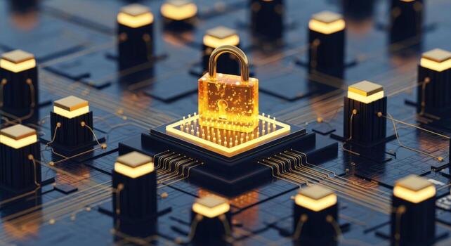 Cybersecurity Lock on Processor Digital Protection, Secure Technology, and Network Security Concept photo