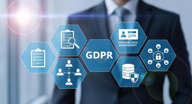 GDPR Compliance Concept with a Businessman in a Suit and Informational Graphics Overlay photo