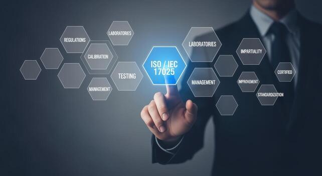 ISOIEC 17025 Compliance Displayed on Virtual Screen with a Business Professional Touching the Standard photo