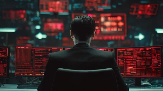 Man in dark suit facing multiple computer screens displaying red data, symbolizing cybersecurity photo