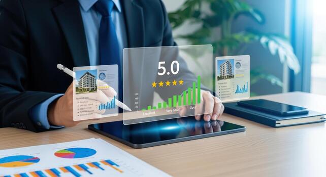 Businessman Analyzing Real Estate Investment Performance with Digital Interface and 5-Star Rating on Tablet photo