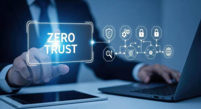 Zero Trust Security Model Concept with Businessman Using Technology for Access Control and Verification photo