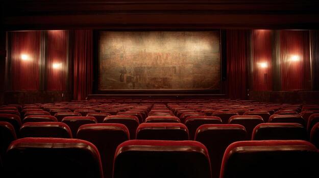 Empty Theater Auditorium with Red Seats and Curtains Ready for a Show or Performance photo