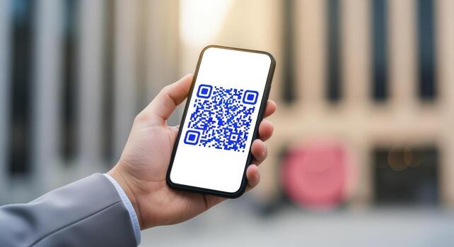 Man Holding Smartphone Displaying QR Code for Contactless Payment and Information Scanning Outdoors photo