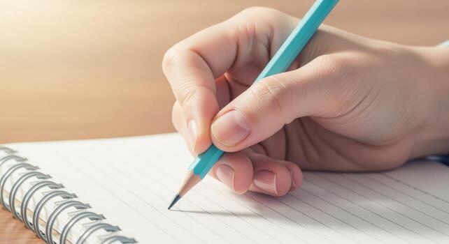 Hand holding pencil writing or drawing in notebook, capturing creative ideas, concepts and messages photo