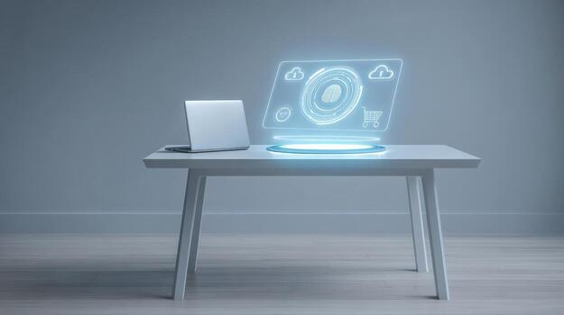 Futuristic Digital Workspace Laptop and Holographic Interface on Table, Representing Advanced Technology and Modern Communication photo