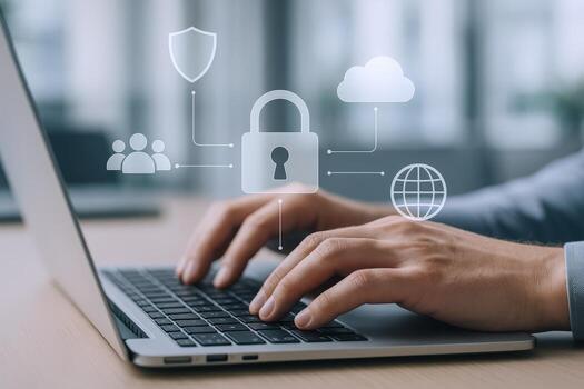 datos proteccion hombre mecanografía en ordenador portátil con seguridad íconos cubrir, ilustrando en línea intimidad y la seguridad cibernética foto