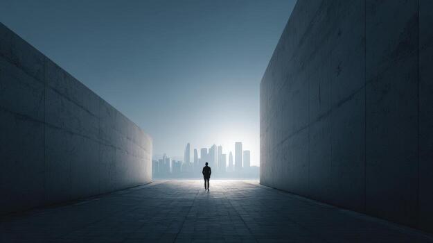 Silhouette of a Person Standing Between Concrete Walls with a Cityscape in the Background, Exploring Urban Isolation photo