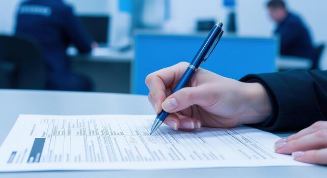 Close-up of Hand Filling Out Form with Pen in Office Setting, Illustrating Paperwork photo