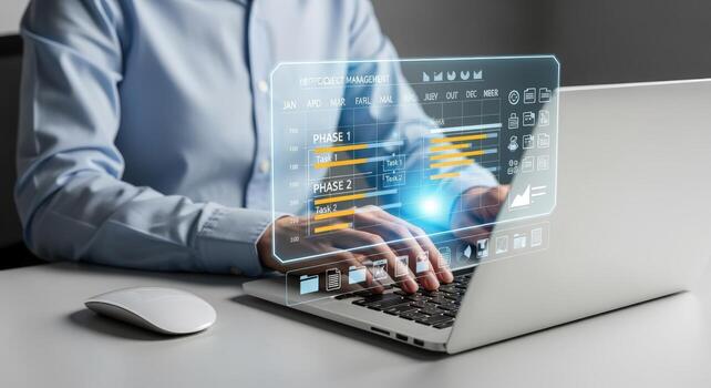 Business Professional Analyzing Data with Augmented Reality Interface on Laptop for Strategic Planning photo