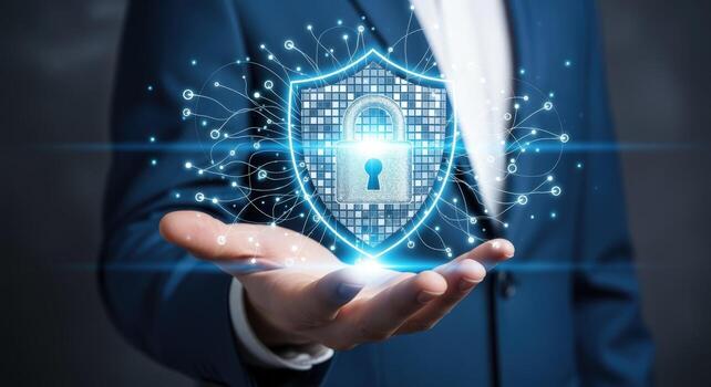 Cybersecurity Protection Concept Man Presenting Shield with Padlock, Safeguarding Digital Information and Protecting Data from Cyber Threats photo