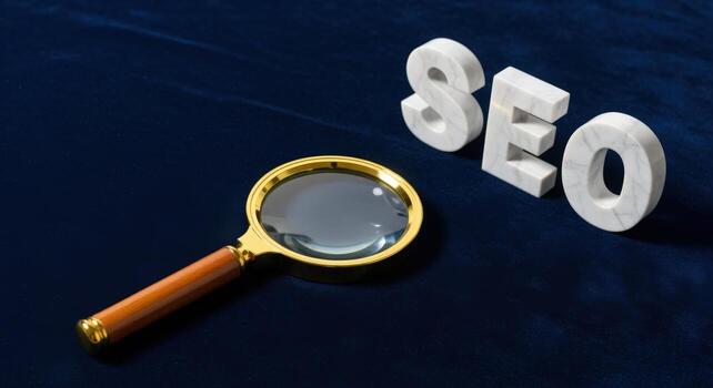 SEO Concept Magnifying Glass Examining Three-Dimensional Letters on Dark Blue Background, Symbolizing Search Engine Optimization Strategies photo