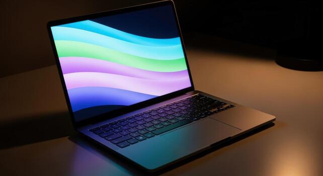 Sleek Open Laptop Displaying Colorful Abstract Wallpaper on Desk, Revealing Keyboard and Touchpad photo