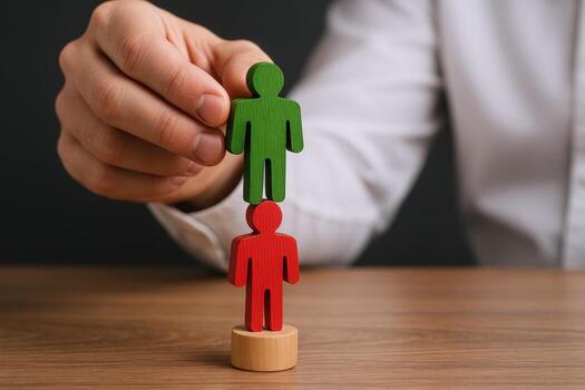 Leadership Concept Hand Placing Green Figure on Red Figure in Hierarchy for Business Growth photo