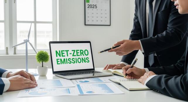 Business Team Discussing Net-Zero Emissions Strategy with Laptop Displaying Goals for 2025, Focusing on Sustainability photo