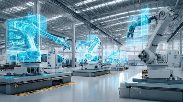 Smart Factory Robotic Arms with Digital Overlay in Modern Industrial Manufacturing Plant, Automated Production photo