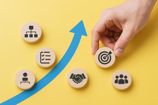 Growth Strategy Hand Placing Target Icon on Business Concept Blocks with Arrow photo