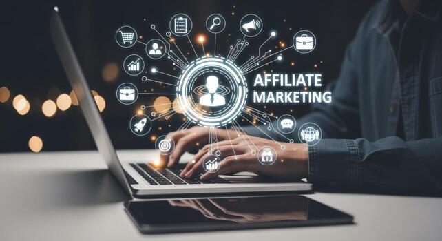 Affiliate Marketing Concept Person Working on Laptop with Holographic Network Displaying Icons and Words photo