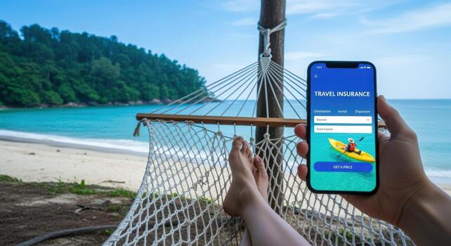 Travel Insurance App on Phone Screen Displayed by Hand on Hammock Overlooking Beach photo