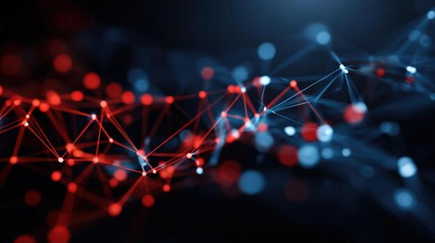 Abstract Network Connection Background with Red and Blue Nodes, Representing Data and Technology photo