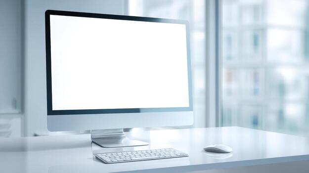 Modern Desktop Computer with Blank White Screen on Minimalist Desk in Bright Office Environment photo