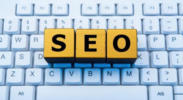 SEO wooden blocks on computer keyboard, search engine optimization for online business and ranking photo