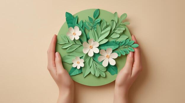 Hands Holding Artistic Paper Flower Arrangement on Green Background for Handmade Craft Projects photo