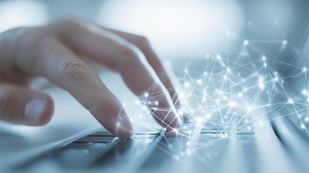 Close-up of a Hand Typing on Laptop with Futuristic Network Overlay, Illustrating Connectivity and Digital Technology photo