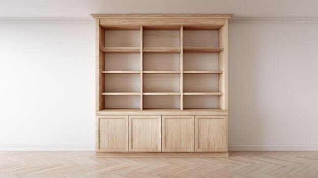 Elegant Wooden Bookcase with Empty Shelves Against a Neutral Wall, Ideal for Home Library Displays photo