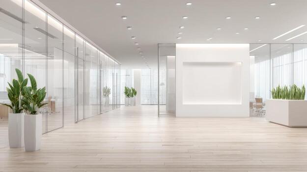 Bright Modern Office Lobby with Glass Partition Walls and Potted Plants, Featuring Minimalist Design photo