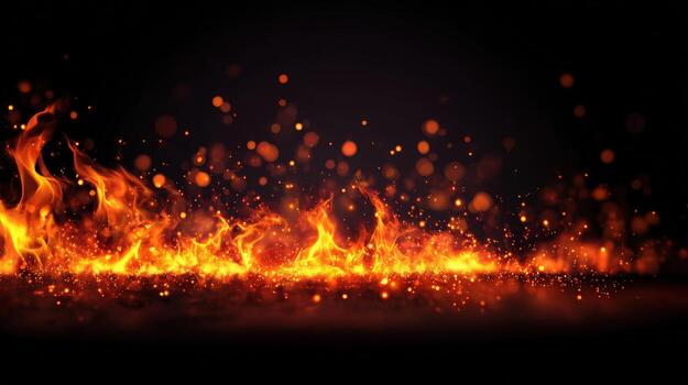 intenso fuego llamas y chispas en negro fondo, Perfecto para gráfico diseño y visual efectos foto