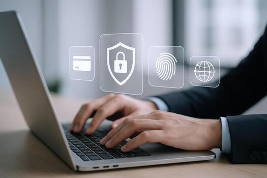 la seguridad cibernética profesional mecanografía en ordenador portátil con seguridad íconos ilustrando en línea datos proteccion foto