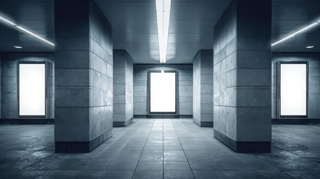 Subway Station with Blank Advertising Boards, Mockups, Modern Architecture, Empty Underground Space, Illuminated Structure photo