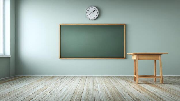 Empty Classroom with Blackboard and Wooden Desk, Ready for Students and Learning photo