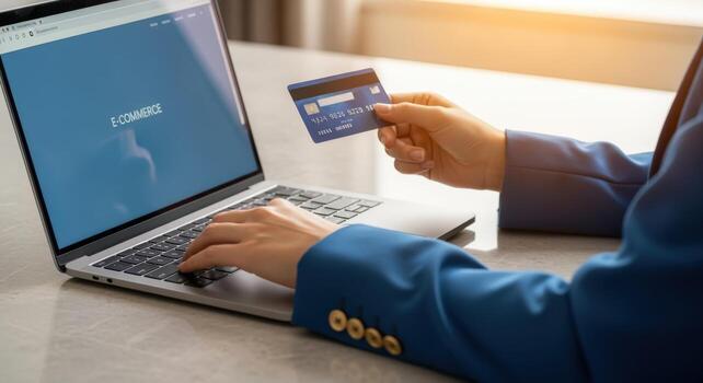 Online Shopping and Payment Woman Using Laptop and Credit Card for Secure Transaction photo