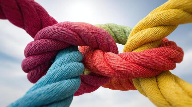 Interconnected Colorful Ropes Tied in a Knot, Representing Unity, Strength, and Collaboration on a Bright Day photo