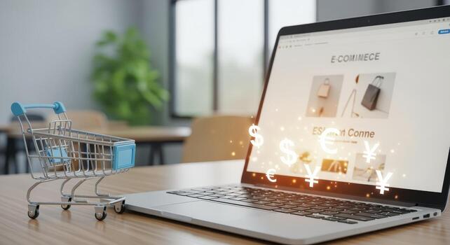 Online Shopping Concept Laptop Displaying E-Commerce Site with Currency Symbols and a Miniature Shopping Cart photo