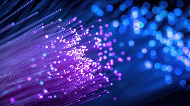 Fiber Optic Cables Transmitting Data with Purple and Blue Light Effects for High Speed Connection photo