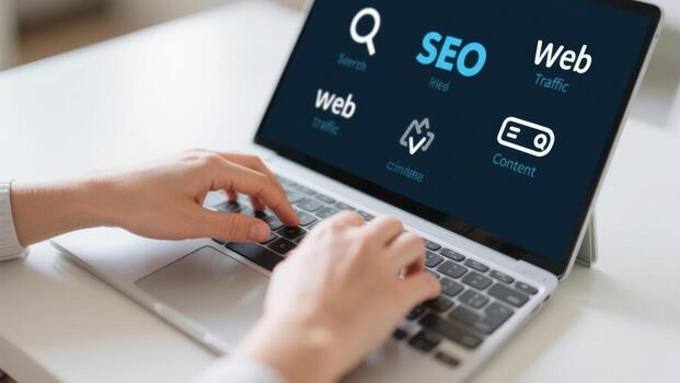 Hands Typing on Laptop Displaying SEO Concepts for Web Optimization and Digital Marketing photo