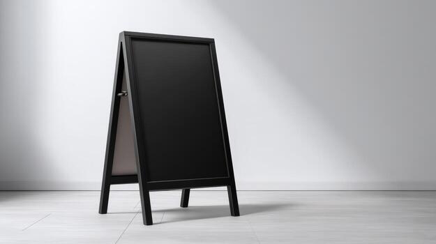 Blank Black A-Frame Signboard Mockup for Storefront Advertising Display, Restaurant Menu Board, or Promotion with White Wall photo