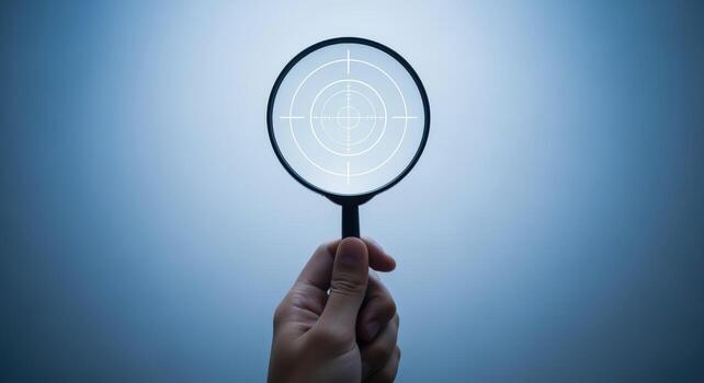 Magnifying Glass Focuses on Target, Illustrating Goal Achievement, Search Precision, and Strategic Vision in Blue Toned Background photo