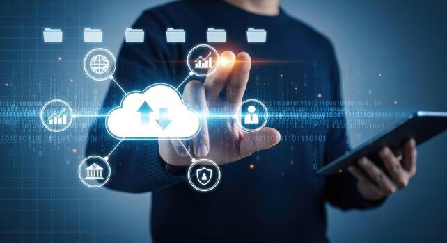 Cloud Computing Technology Concept Man Interacting with Virtual Cloud and Data Management Interface on Touchscreen photo