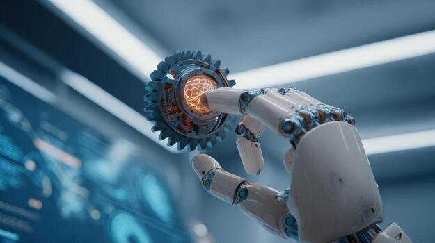 Robotic Hand Interacting with Digital Interface Concept of Artificial Intelligence and Future Technology photo