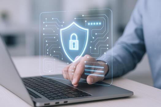 datos proteccion y la seguridad cibernética mans mano en ordenador portátil con proteger icono, proteger información foto