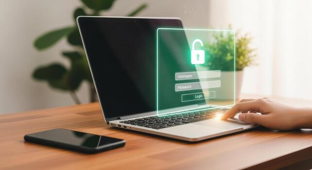 Laptop showing login window with open padlock, illustrating cybersecurity and data privacy, set on a wooden desk photo