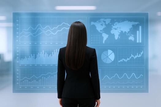 Businesswoman Analyzing Financial Data and Global Market Trends on a Futuristic Interface Display in Modern Office photo