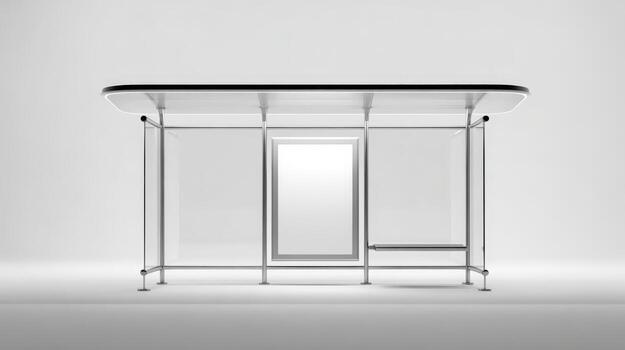 Modern Bus Stop with Advertisement Space Mockup, Clear Glass and Metal Structure, Public Transportation, Cityscape, 3D Render photo